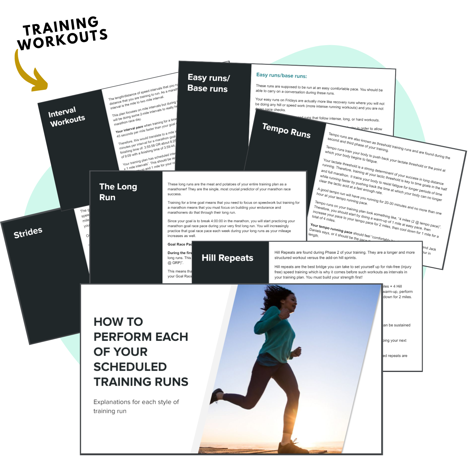All the training runs and workouts that you will do during the 16 Week Marathon Training Plan Time Goal Program