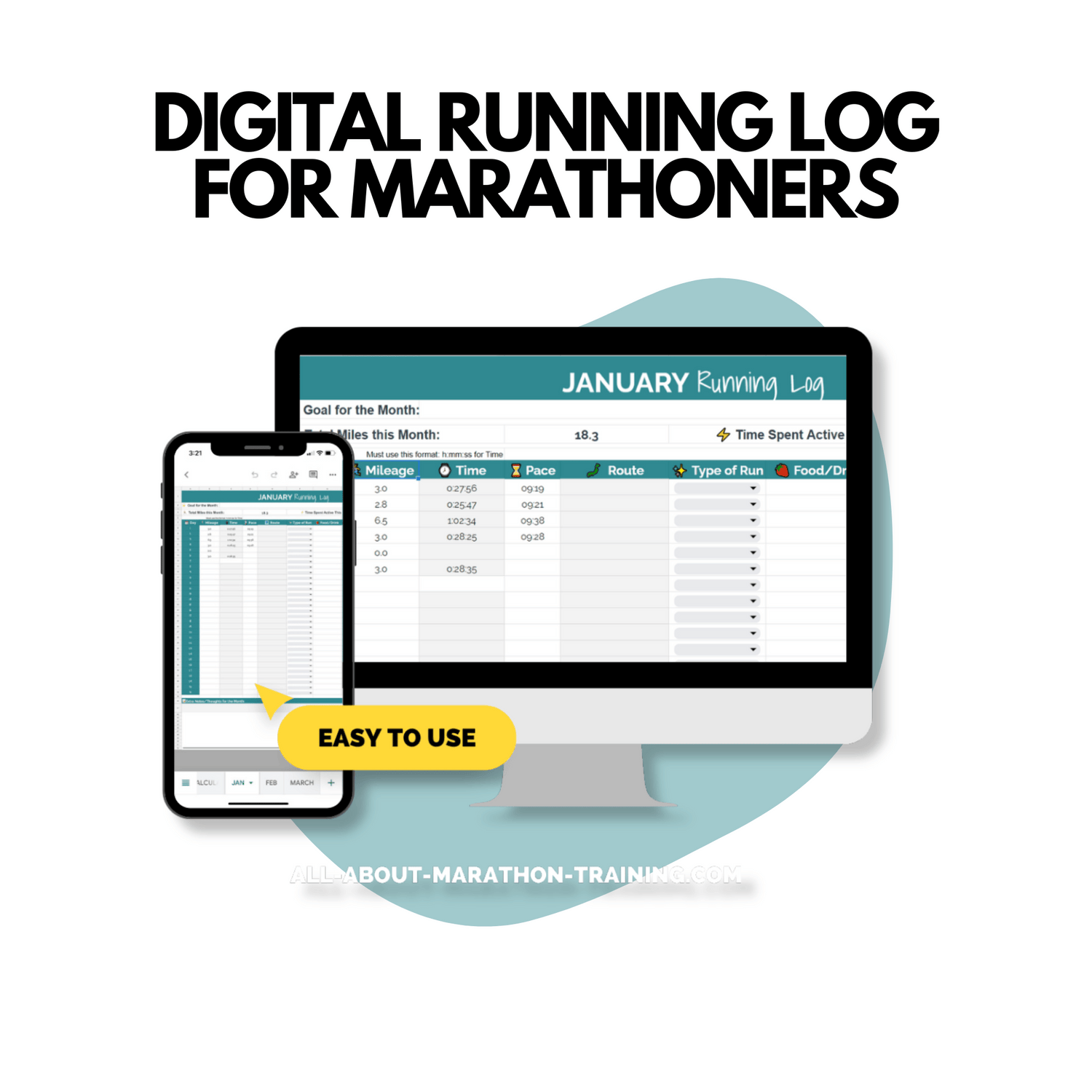 This is the mockup of the Digital Running Log for Marathoners Google Spreadsheet