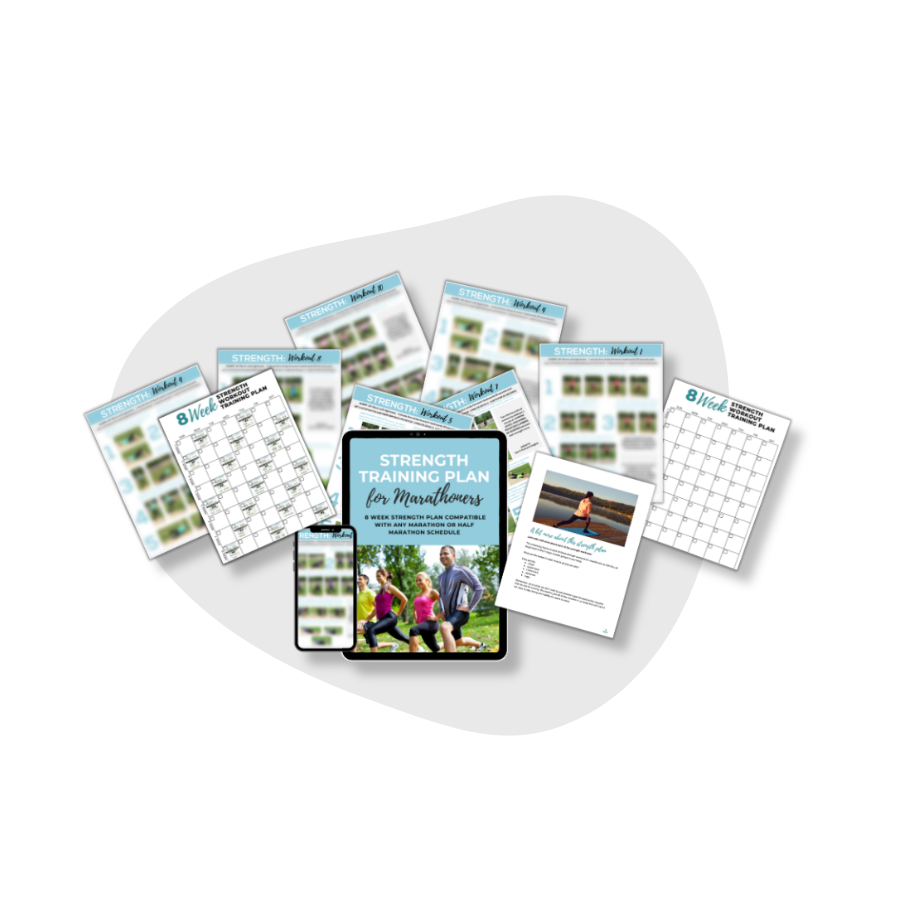 Here is a complete mockup that shows everything that is inside the Strength Training Plan for Marathoners from the workouts, to the workout calendar to the ebook.