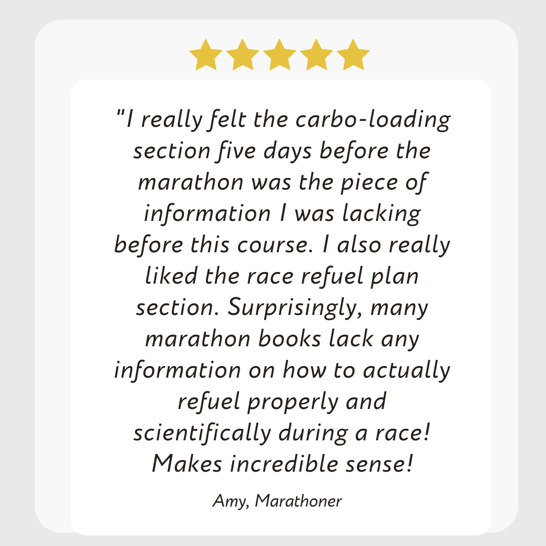Testimonial of Eat Like a Marathoner Nutrition Course from runner who loved the carbo-loading and what to eat before a marathon.