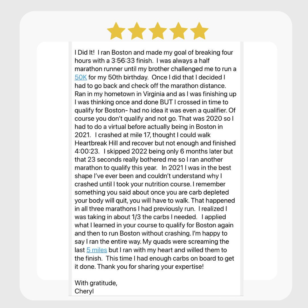 Testimonial of Eat Like a Marathoner Nutrition Course from runner who ran Boston Marathon