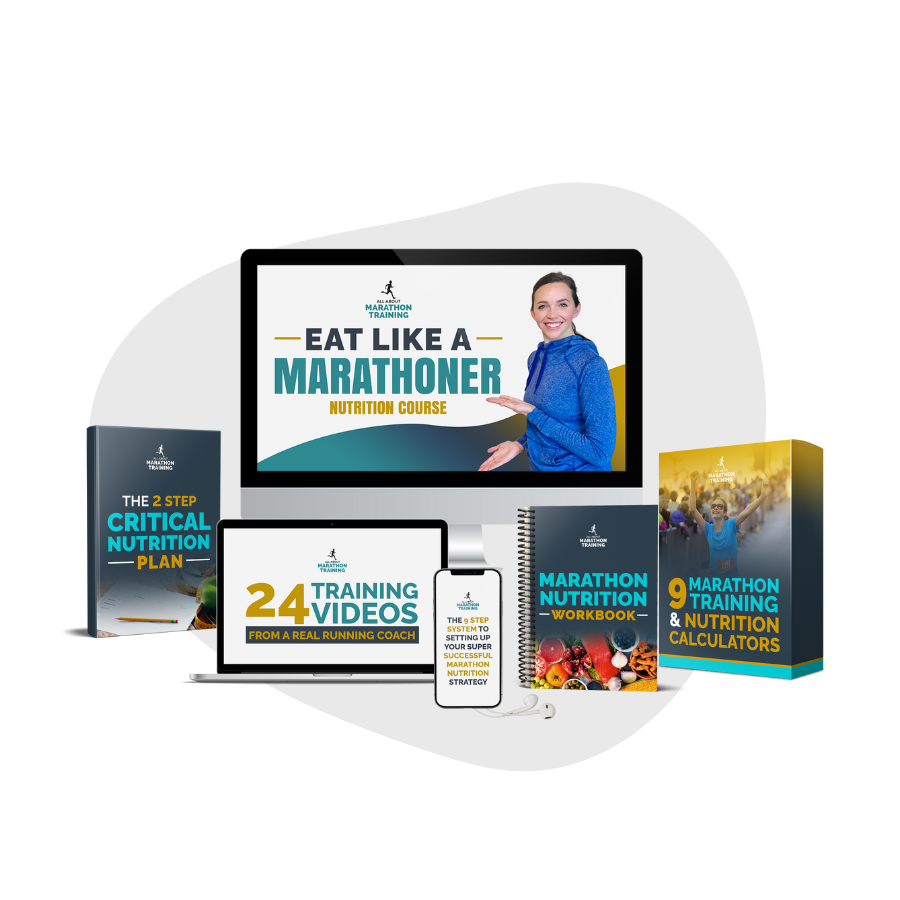 This is a mockup of of the Eat Like a Marathoner Nutrition Course showing the videos, workbook, marathon nutrition calculators, and the critical nutrition plan.