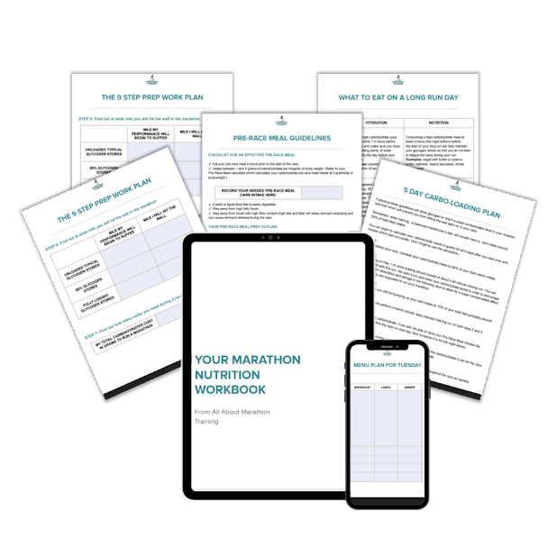 Mockup of the marathon nutrition workbook that is inside the Eat Like a Marathoner Nutrition Course