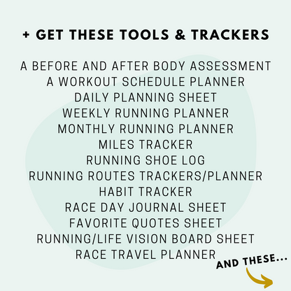 a list of the tools and trackers inside the 32 Week Marathon Training Schedule Plan 