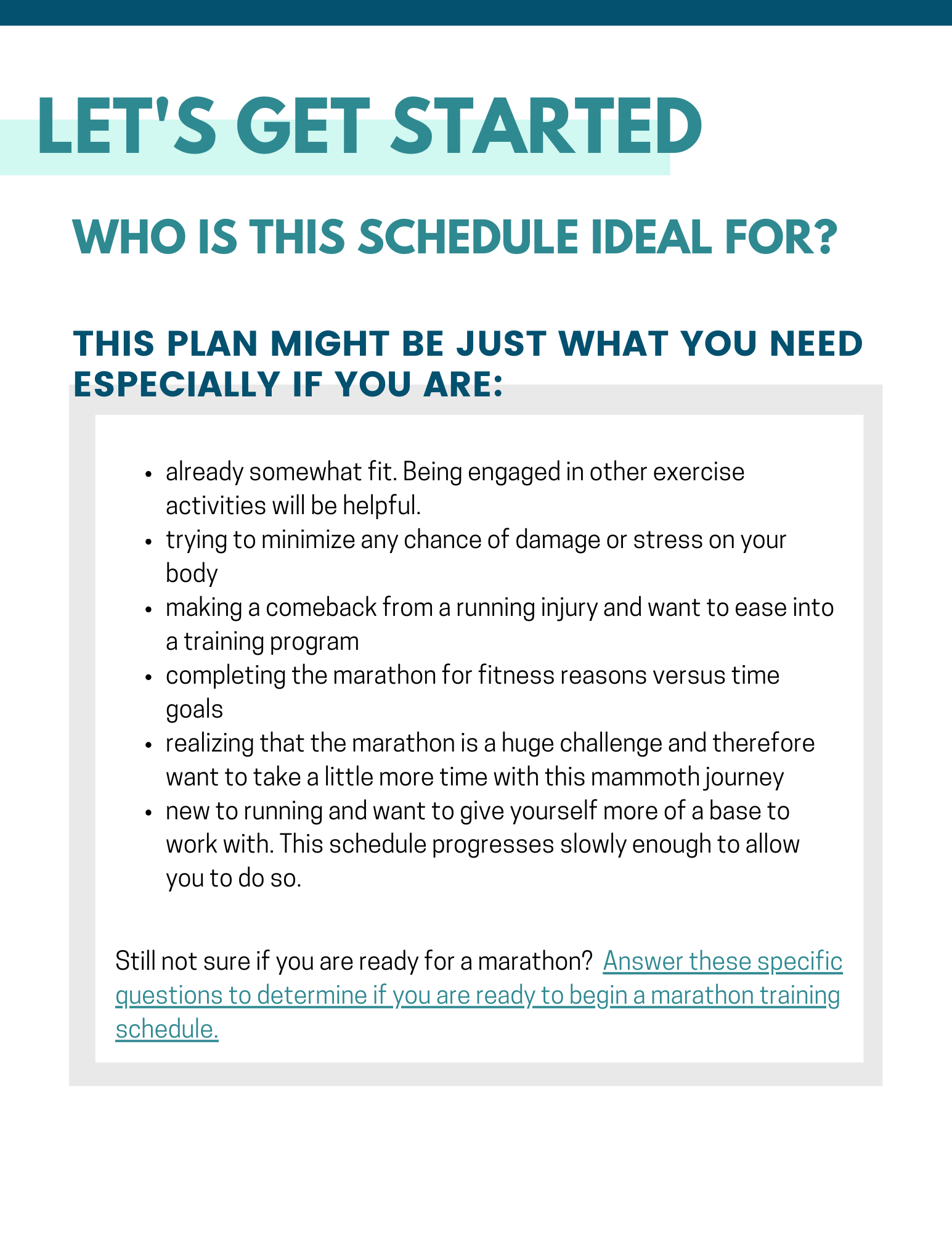 26 Week Marathon Training Plan mockup that shows who is best suited to do this plan