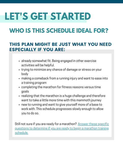 26 Week Marathon Training Plan mockup that shows who is best suited to do this plan