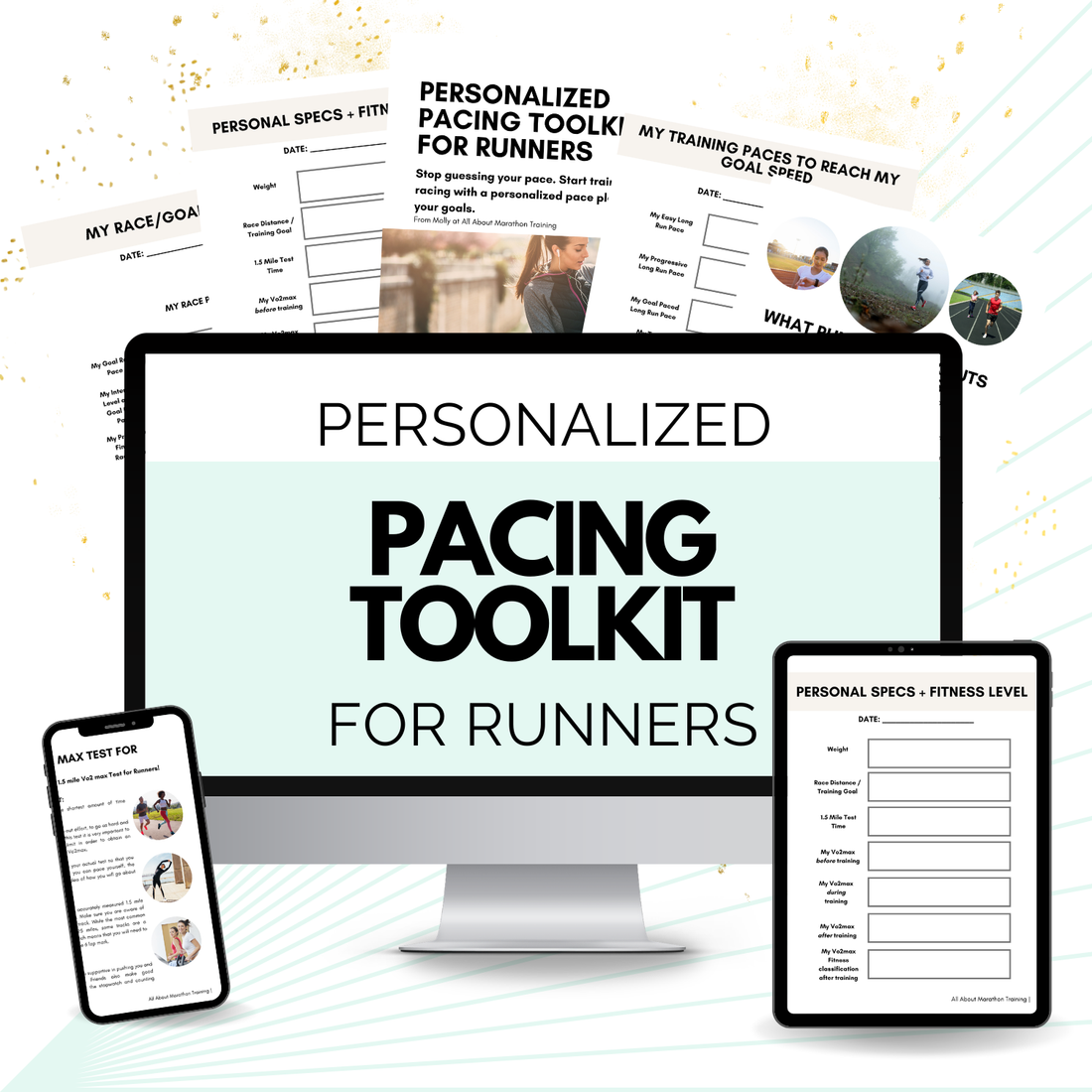 Personalized Pacing Toolkit for Runners displayed on a computer screen with printed pages.