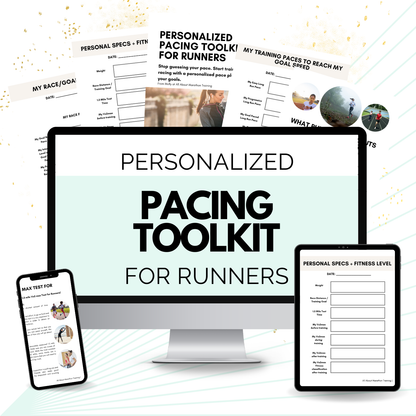 Personalized Pacing Toolkit for Runners displayed on a computer screen with printed pages.