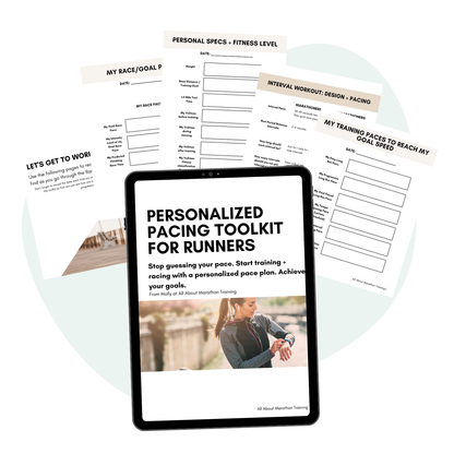 Personalized pacing toolkit for runners with a tablet displaying the product on a white background