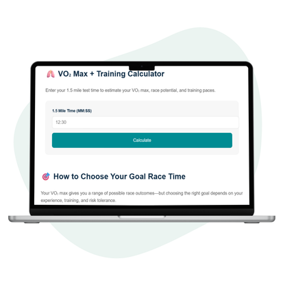 VO2 Max + Training Calculator on a laptop screen with a white background