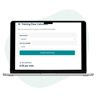 Laptop displaying a training pace calculator on a white background