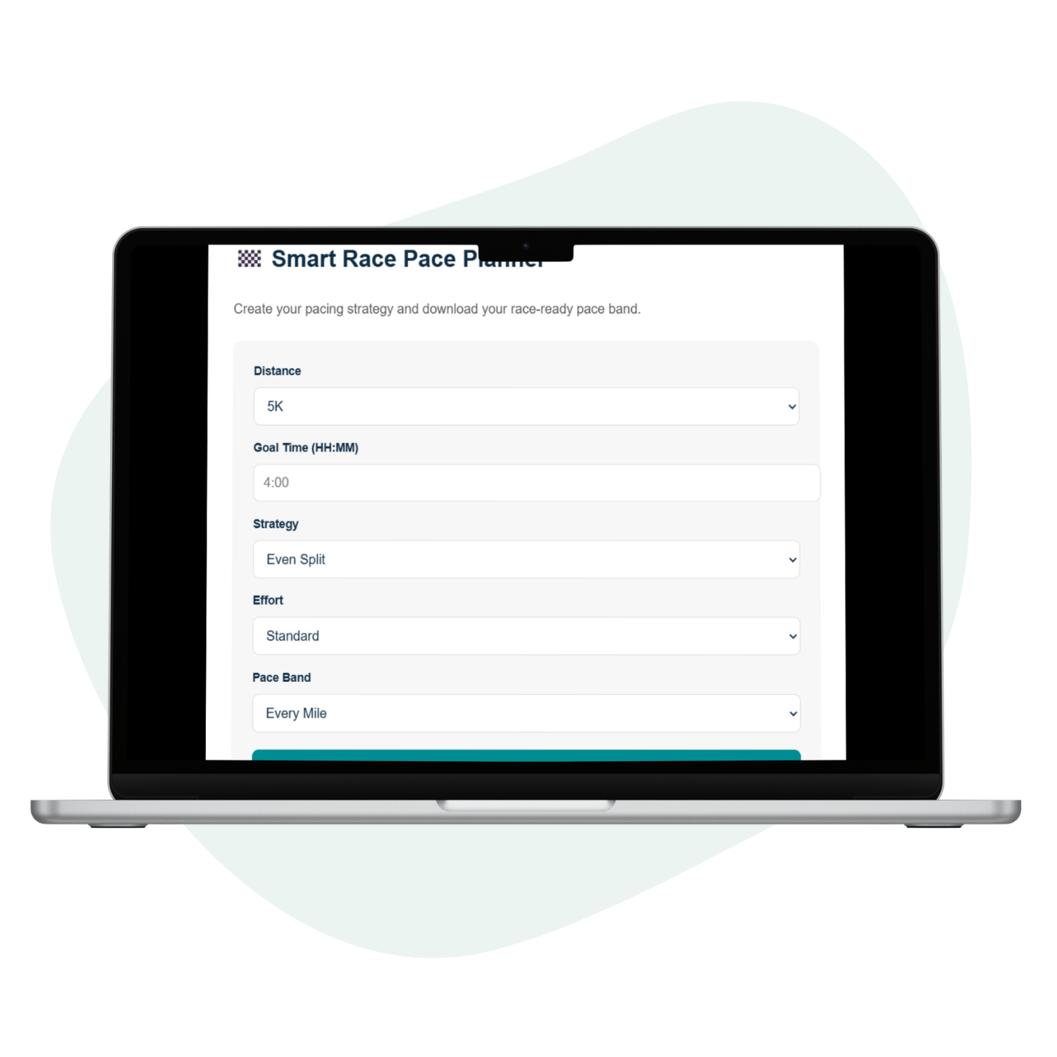 Laptop displaying a smart race pace planner application on a white background