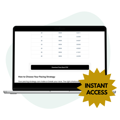 Laptop displaying a pacing strategy guide which includes a downloadable pace band pdf button with an &