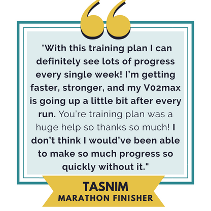 A Testimonial from a runner who used the Run Your First Marathon Training Program and said that they are seeing lots of progress and becoming faster, stronger and increasing their Vo2max fitness every week with this marathon training schedule.