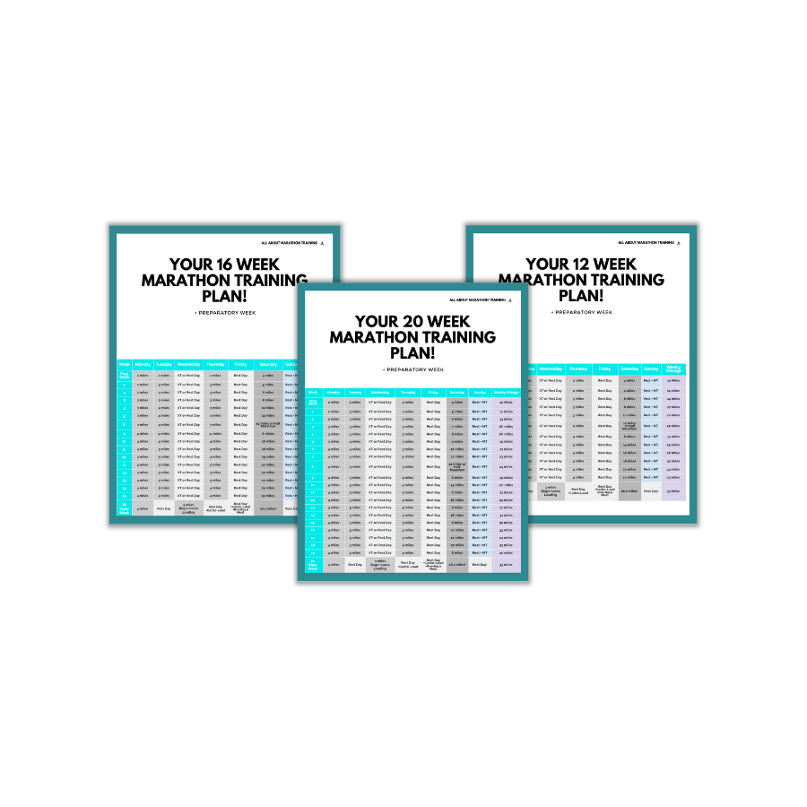 16 Week Beginner Marathon Training Schedule, 20 Week Beginner Marathon Training plan and the 12 Week Marathon Training Schedule Mockup that is contained inside the Run Your First Marathon Training Program. They come in both miles and kilometers.