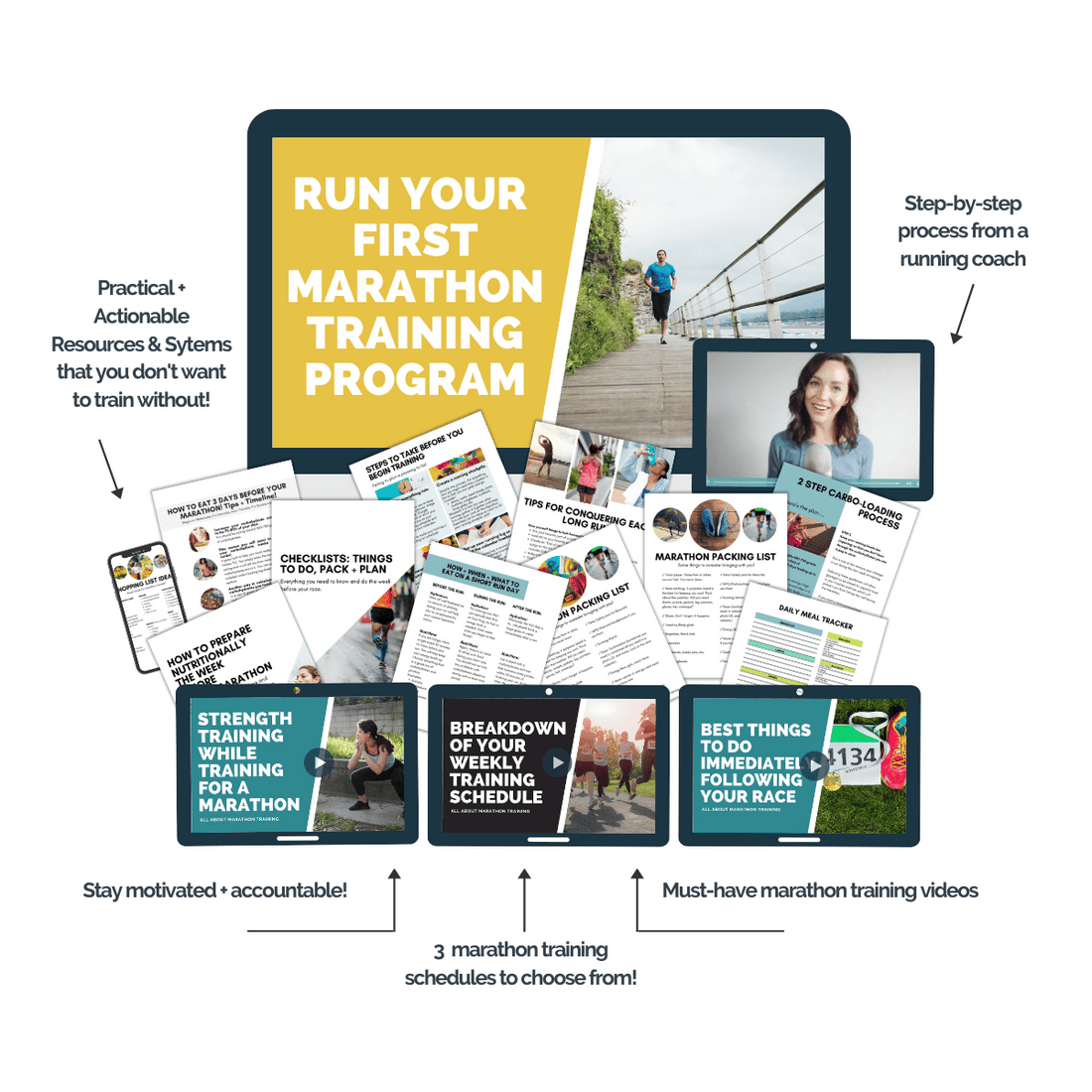 A More descriptive mockup of the Run Your First Marathon Training Program showing the marathon schedules and training videos inside the plan.
