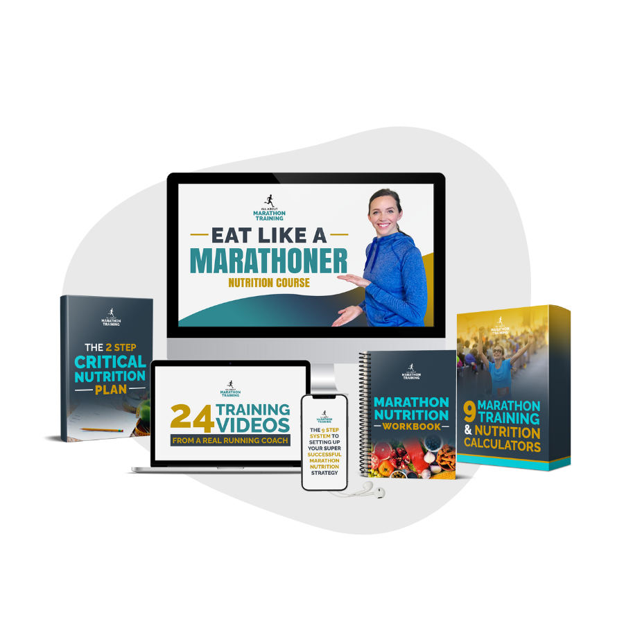 This is a mockup of of the Eat Like a Marathoner Nutrition Course showing the videos, workbook, marathon nutrition calculators, and the critical nutrition plan. 