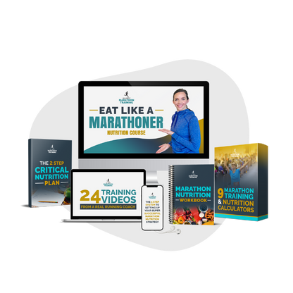 This is a mockup of of the Eat Like a Marathoner Nutrition Course showing the videos, workbook, marathon nutrition calculators, and the critical nutrition plan. 
