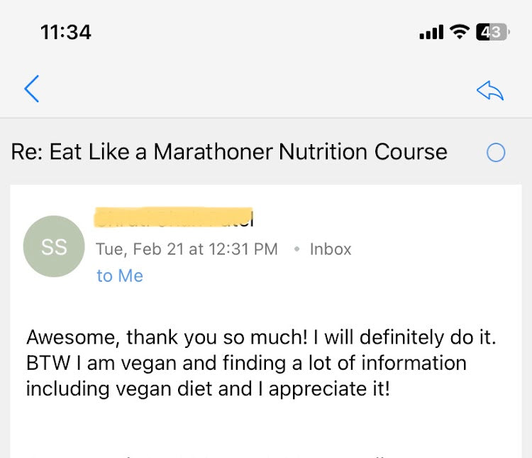 Testimonial of Eat Like a Marathoner Nutrition Course from a vegan runner