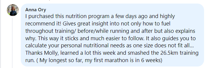 Testimonial of Facebook user who purchased the Eat Like a Marathoner Nutrition Course