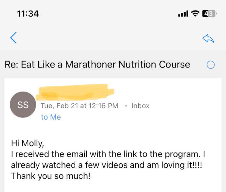 Testimonial of email of runner who loves the videos inside Eat Like a Marathoner Nutrition Course